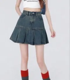 ダークブルー デニム プリーツスカート ミニ丈