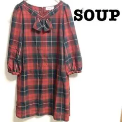 SOUPスープ　七分袖レトロチュニック　チェック柄　リボン　ショート丈ワンピース