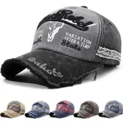 ヴィンテージウォッシュドディストレストベースボールキャップ、刺繍された「ダコタ」