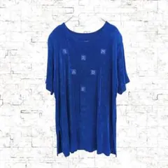 ラウンドネック　半袖　チュニック 　ブルー　肩パット　スリット入り