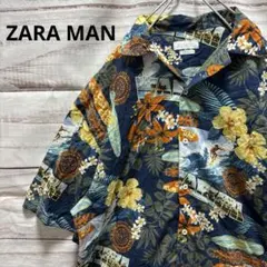 ZARA MAN アロハシャツ 川口領家シャツ ハイビスカス ボタニカル 紺色のサムネイル