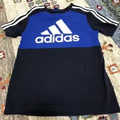 美品adidas 半袖 Tシャツ 青黒 ストライプ　150