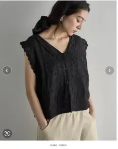 コードレースフレンチスリーブコットンブラウス レース模様 ブラック