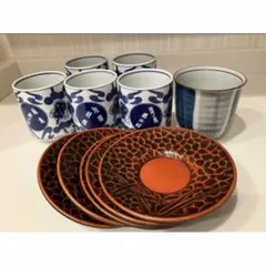 大相撲湯呑み茶碗5個/ストライプ湯呑み１個/茶托5枚/レトロ