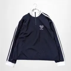 メンズ長袖スウェット ジャージ ハーフジップ 紺 刺繍 ドロスト サイドライン