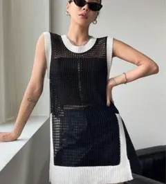 メッシュ 編み ノースリーブ ブラック・ホワイト