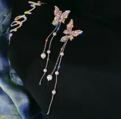 蝶々 ロングピアス 韓国 シルバー　パールピアス　バタフライ