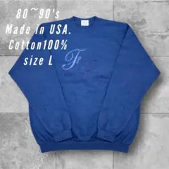 【USA製】80s90sスウェットネイビーストライプ刺繍コットンヴィンテージL