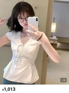 SHEIN リボン　ホワイト　半袖 ウエストフィット トップス