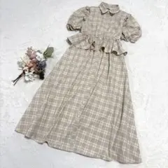 美品✨【ジーユー】rokh シャツワンピース 5分袖 チェック柄 ベージュ S