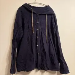 ネイビー フード付き薄手シャツ L 無地 海外古着