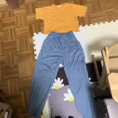 オレンジTシャツとグレージョガーパンツセット