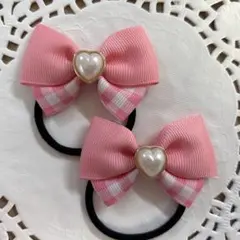ハンドメイド ヘアゴム ピンクチェック ハート a269