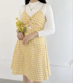 バックリボンギンガムチェックキャミワンピ イエロー