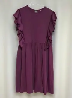 GU☆フリル袖 ワンピース 140 ボルドー☆赤紫色 パープル