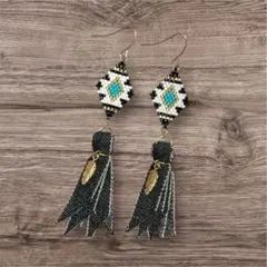 No.145 オルテガ柄ピアス*デニム＆フェザー