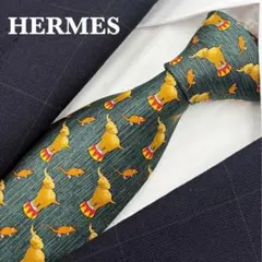 HERMES エルメス ネクタイ シルク100% キノコ柄 グリーン フランス製