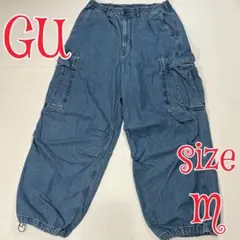 GU デニムスーパーワイドカーゴパンツ M ブルー　ウエストゴム