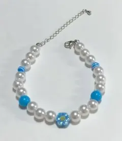 ⑪ ニコちゃん スマイル お花 パール ブルー ブレスレット