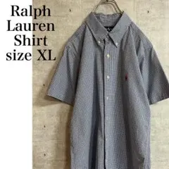 Ralph Lauren ボタンダウン 半袖シャツ ギンガムチェック 青 XL