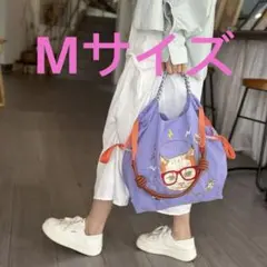 新品 エコバッグ 刺繍 ナイロン ストラップ付 猫柄Mサイズ