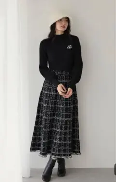 BLUE EAST フリンジ付きブラックチェックドッキングワンピース