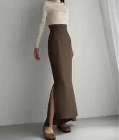 新品★ハイウエストヘリンボーンスリットマーメイドスカートブラウン サイドスリット