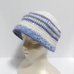 バケットハット　コットン　帽子　ボーダー　ホワイト　ブルー　水色　ハンドメイド