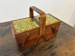 昭和レトロ 木製 ソーイングボックス 裁縫箱 北欧風 花柄 2段 収納 持ち手付