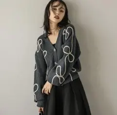 カーディガン リボン Vネック ローゲージニット ドロップショルダー ショート丈