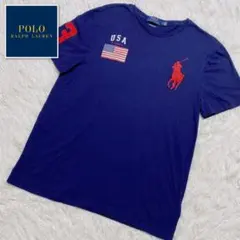 極美品】ポロラルフローレン Tシャツ ビッグポニー刺繍 赤 USA 星条旗