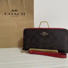 COACH コーチ ストラップ付き 長財布 シグネチャー レッド 花柄 | Mercari