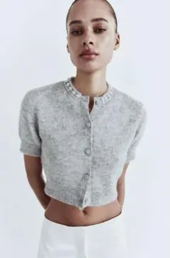 新品未使用　ZARA ラインストーンボタン　ニットカーディガン