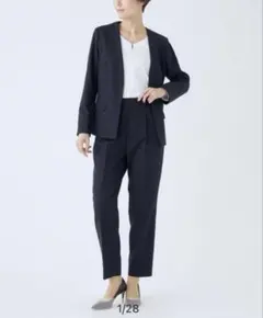 スーツセレクト　洗えるノーカラー パンツスーツ/ネイビー/ウォッシャブル★新品