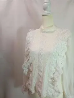 【〜7/4】ヴィンテージ　シフォン袖フリル刺繍レース長袖ブラウスのサムネイル