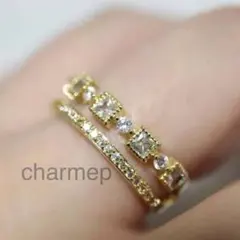 【CR298】重ね付け風クリアストーンのゴールドリング