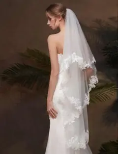 ホワイト レース装飾 ロングウェディングベール