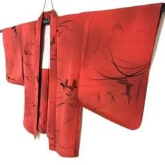 5k2858 羽織　正絹　袷　蝶　赤　黒　柄物　和装　着物