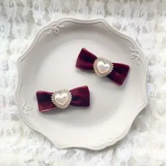 赤ベロアリボン　ベルベットリボン　ヘアピン　ヘアゴム　バレンタイン