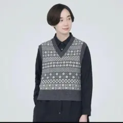 無印　メリノウールジャカード編みVネックベスト S・チャコールグレー柄