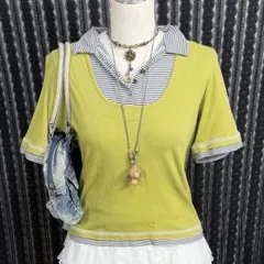 y2k レイヤード風 ボーダーカラフルボタンtシャツ 森ガールフェアリーグランジ