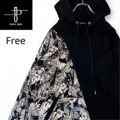 【美品】NO.ID ノーアイディー ベロア切替BIGプルオーバーパーカ　黒×花柄