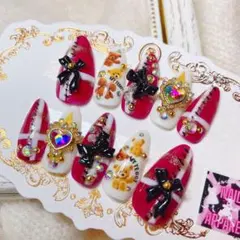 ￥1700＊チェックベア＊ネイルチップ リボン 秋冬 くまちゃん 赤 黒 つけ爪