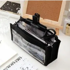 ペンケース クリア 透明 ブラック 筆箱 大容量 韓国 学生　シンプル　大人気