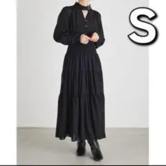 ① リエンダ シアーギャザーフレアワンピース ブラック S 春 量産 ガーリー