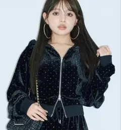 アベイル sureveベロアラインストーンパーカー Lサイズブラック韓国 y2k
