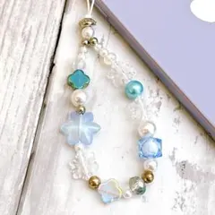 ハンドメイド　ビーズストラップ　ミニ　アクセサリー　携帯　韓国　ブルー系　雪