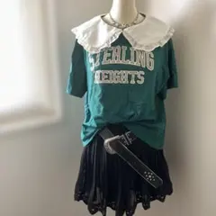 STERLING HEIGHTSグリーンロゴTシャツフリル襟y2kウィッシュコア