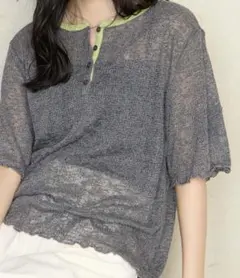 【forksy.】シアーワッフル 配色 へンリーネック 半袖 Tシャツ