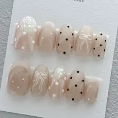 【現品】ネイルチップ ドットネイル リボン マグネット フレンチ ピンクベージュ